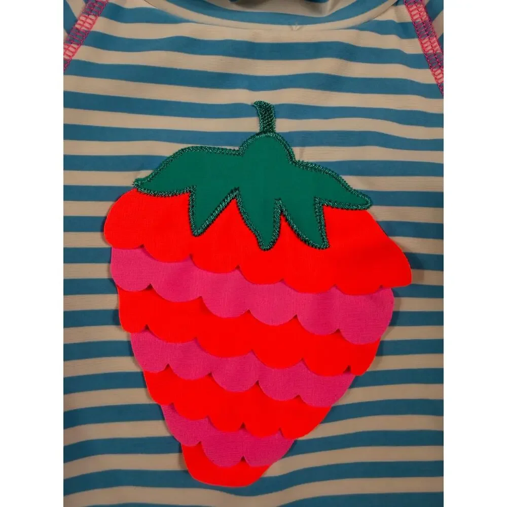 Mini Baby Boden Strawberry Applique Striped Long Sleeve Rash Guard Size 2-3 year